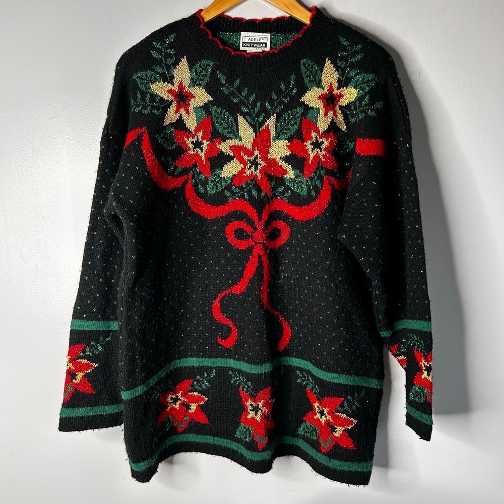 VTG Adele Knit‎ Holiday Crewneck Sweater Women's 2X Scallop Hem Bow Christmas